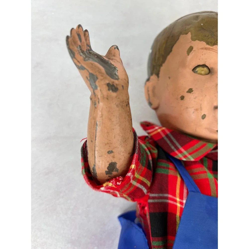 Metal Tin Vintage Antique Doll Creepy Large Eyes Move Cast Rare Boy‎ Guy